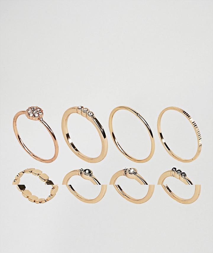 Asos Pack Of 8 Mixed Stone And Metal Detail Rings - Gold