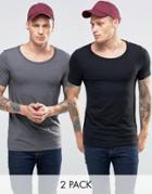 Asos Muscle T-shirt With Scoop Neck 2 Pack In Black/charcoal Marl - Multi