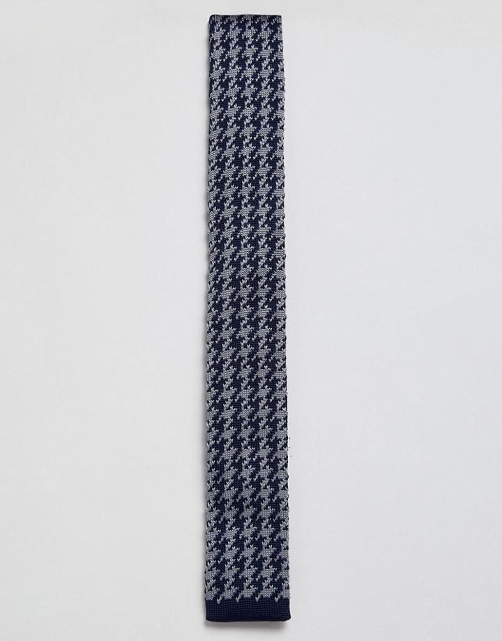 Moss London Knitted Tie With Dogstooth Design - Navy