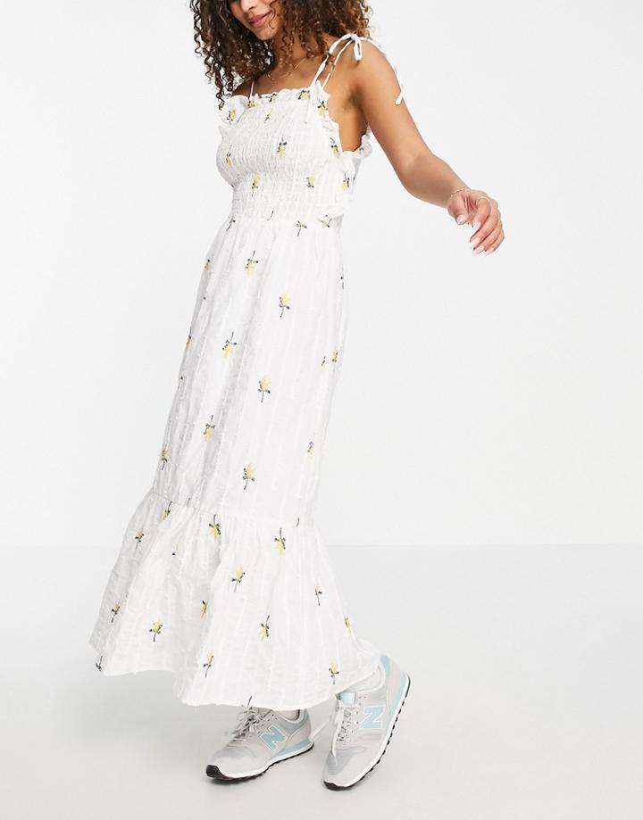 Asos Design Textured Shirred Midi Dress With Floral Embroidery In White