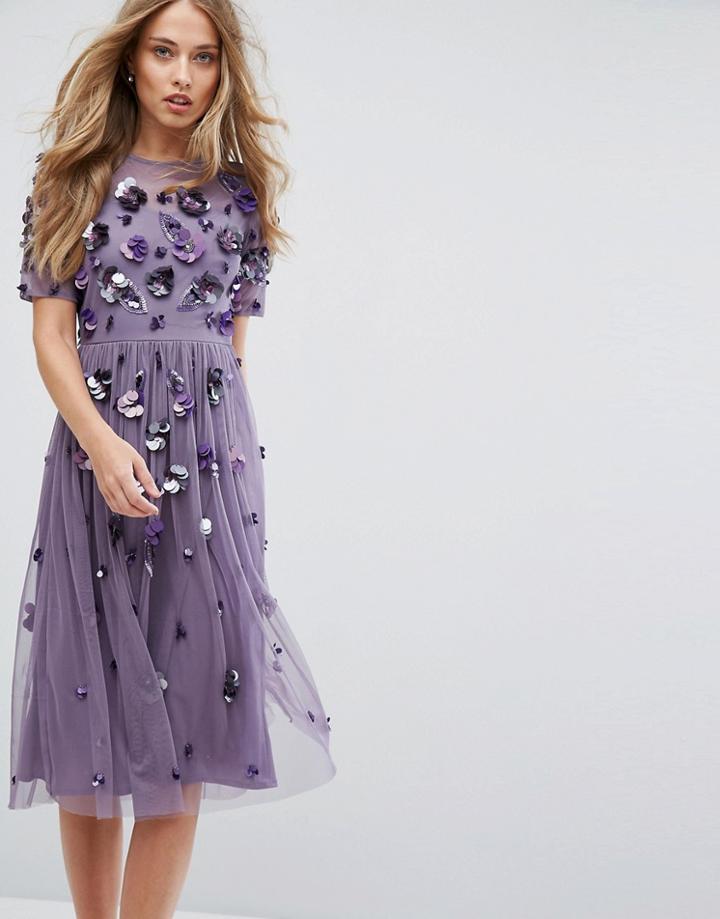 Lace & Beads 3d Embellished Midi Dress - Gray