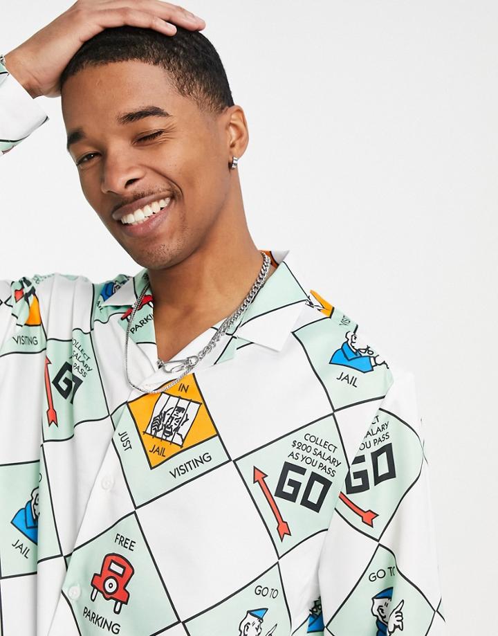 Asos Design Relaxed Revere Satin Shirt In Monopoly Print-white
