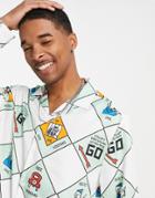 Asos Design Relaxed Revere Satin Shirt In Monopoly Print-white