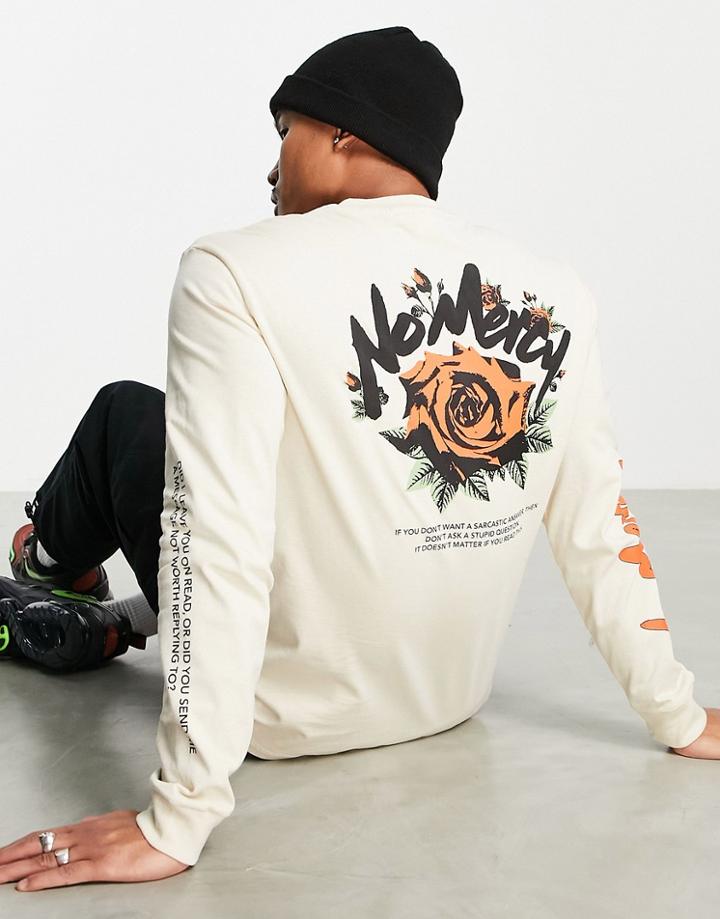 Bershka Long Sleeve Printed T-shirt In Ecru-neutral