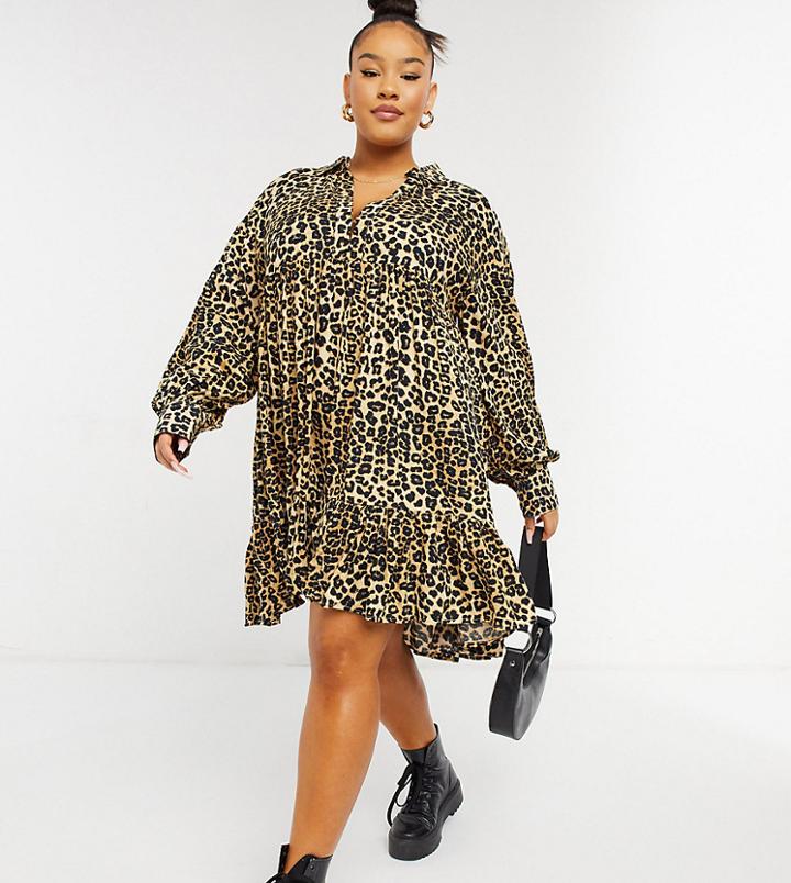 Asos Design Curve Trapeze Mini Shirt Dress With Pep Hem In Animal Print-multi