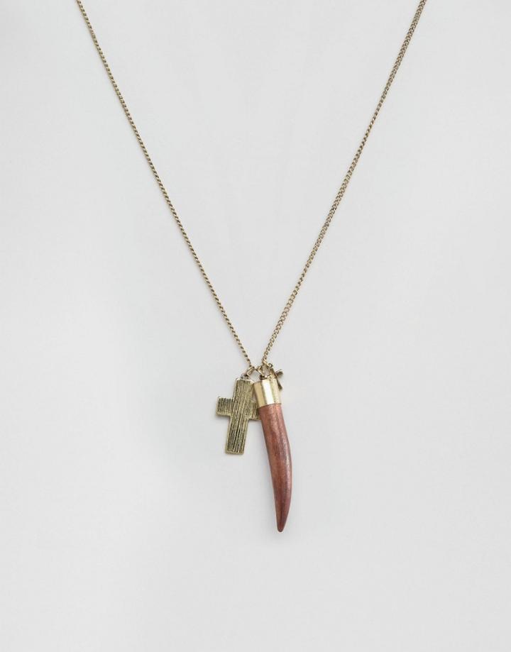 Asos Cross And Tooth Necklace In Gold - Gold