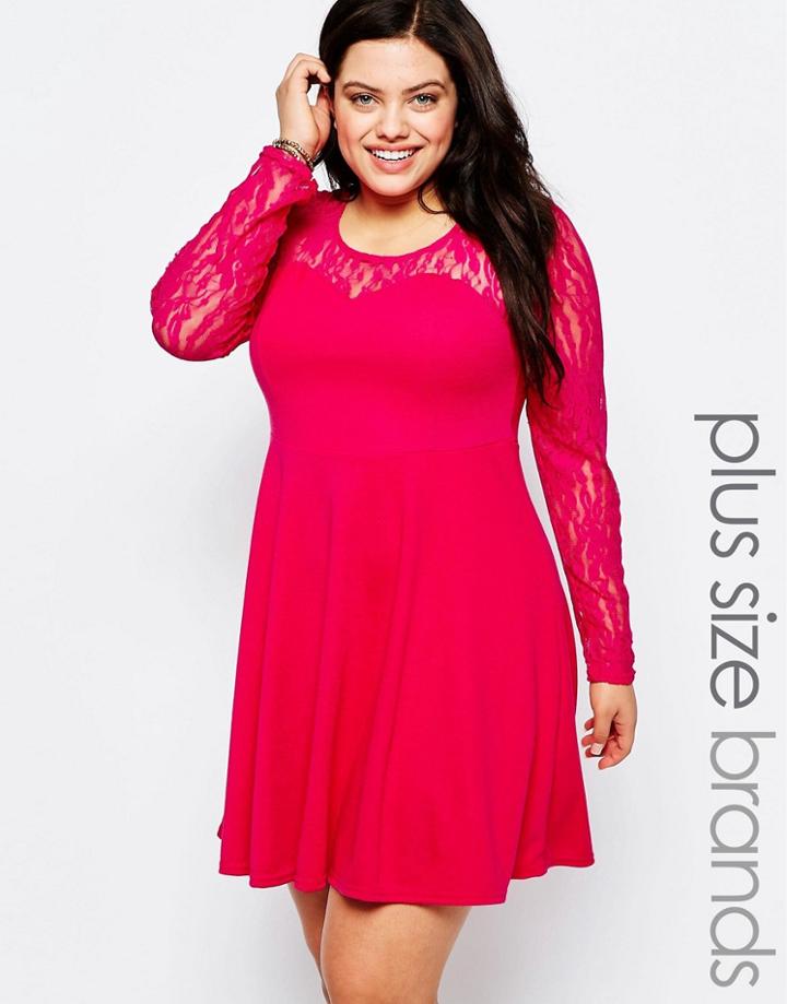 Praslin Plus Skater Dress With Lace Sleeves - Fuschia