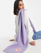 Asos Design Supersoft Recycled Blend Long Woven Scarf With Happy Daisy Embroidery In Lilac-purple