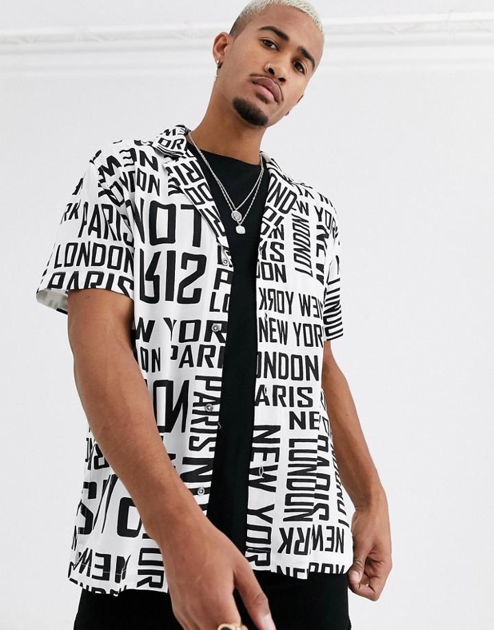 Asos Design Relaxed Fit Shirt In City Text Print-white