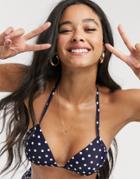 New Look Triangle Bikini Top In Blue Polka Dot-blues