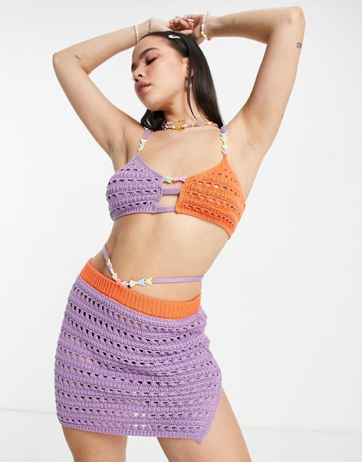 Asos Design Crochet Mini Beach Skirt With Beads In Lilac - Part Of A Set-purple