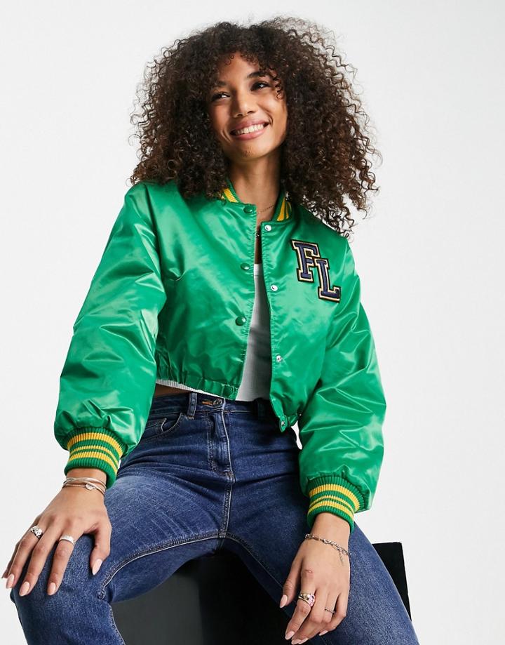 Bershka Satin Varsity Bomber Jacket In Green