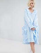 Stylenanda Oversized Midi Shirt Dress With Frills - Blue