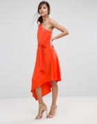 Warehouse One Shoulder Tie Waist Asymmetric Hem Midi Dress - Orange