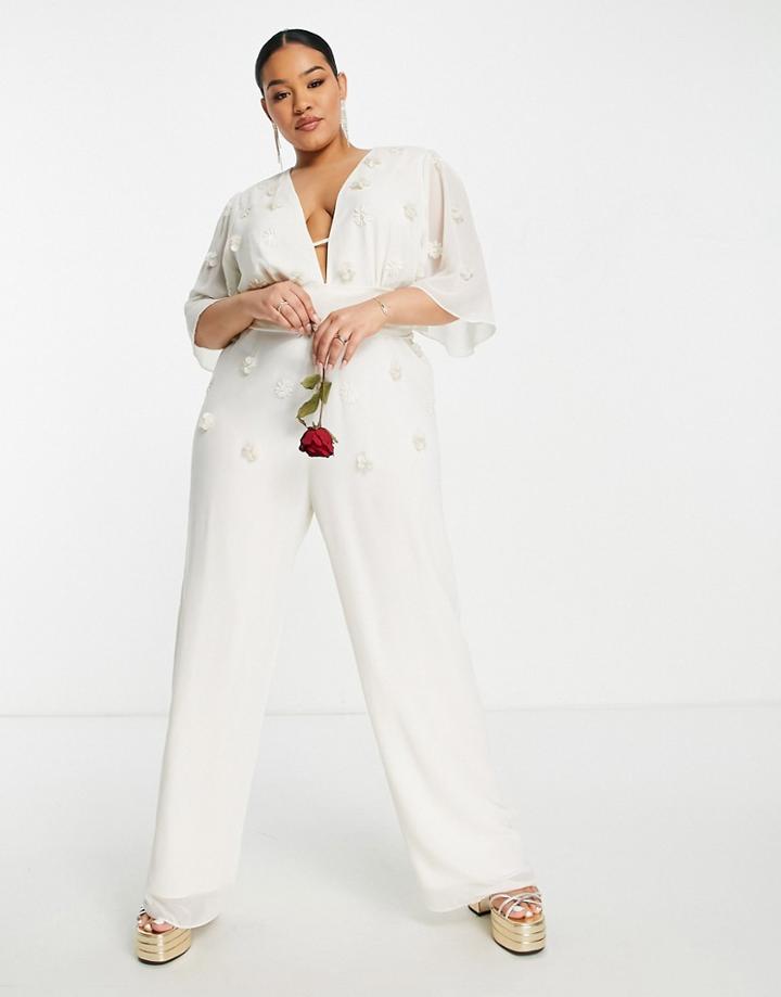 Hope & Ivy Plus Bridal Embroidered Plunge Jumpsuit In Ivory-white
