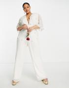 Hope & Ivy Plus Bridal Embroidered Plunge Jumpsuit In Ivory-white