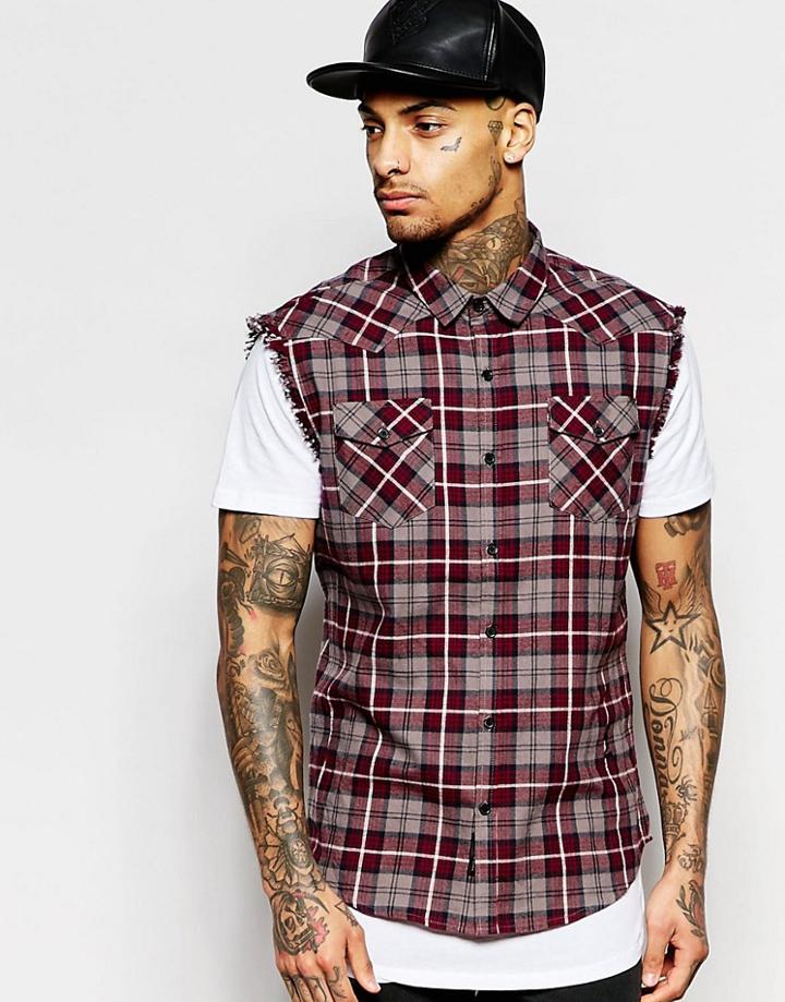 Religion Sleeveless Check Shirt - Red