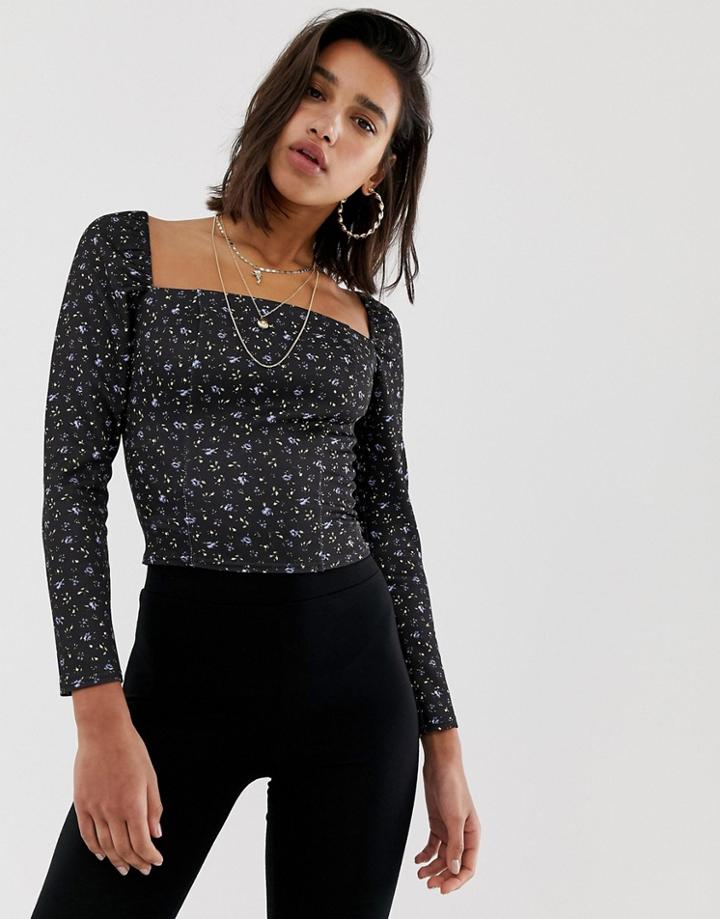 Asos Design Square Neck Top With Fluted Sleeve In Ditsy Floral Print - Multi