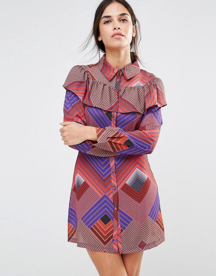 Liquorish Geometric Frill Long Sleeve Dress
