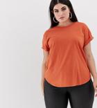 Asos Design Curve T-shirt In Boyfriend Fit With Rolled Sleeve And Curved Hem In Rust - Red