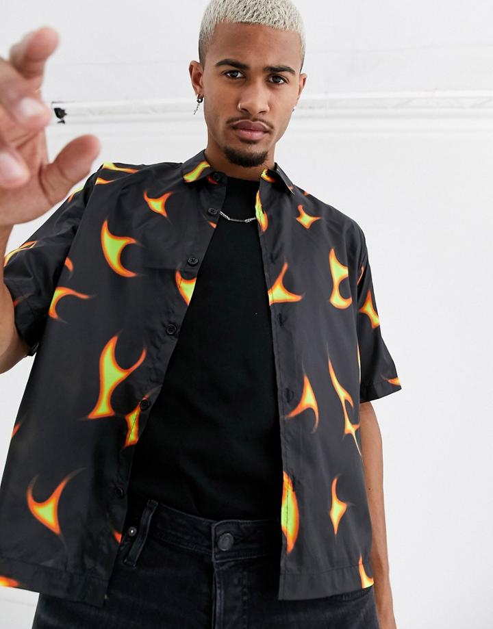 Asos Design Boxy Shirt With Uv Flame Print-black