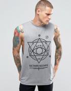 Asos Linen Look Sleeveless T-shirt With Gothic Print And Extreme Dropped Armhole - Gray