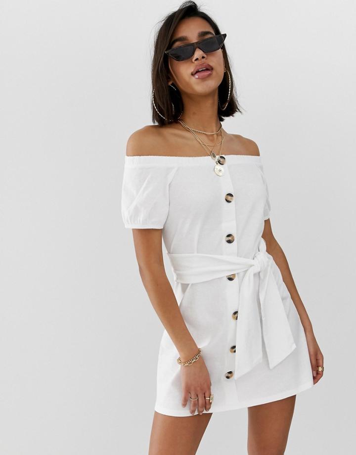 Asos Design Button Through Bardot Slub Sundress - White