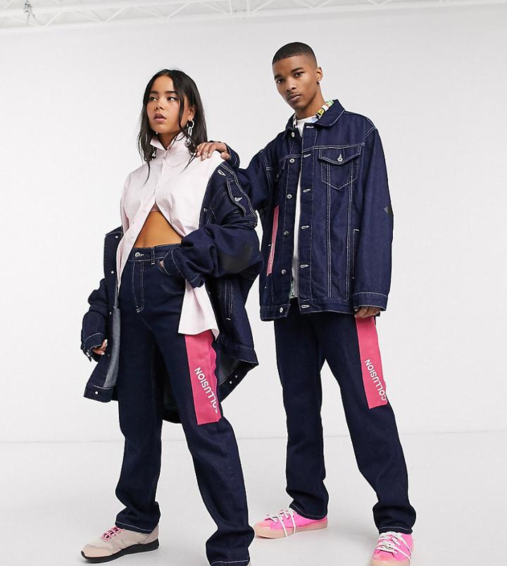 Collusion X000 Unisex 90's Straight Leg Jeans In Midwash Blue With Paint Print