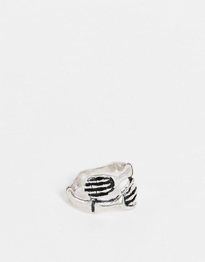 Asos Design Ring With Skeleton Arms Design In Burnished Silver Tone
