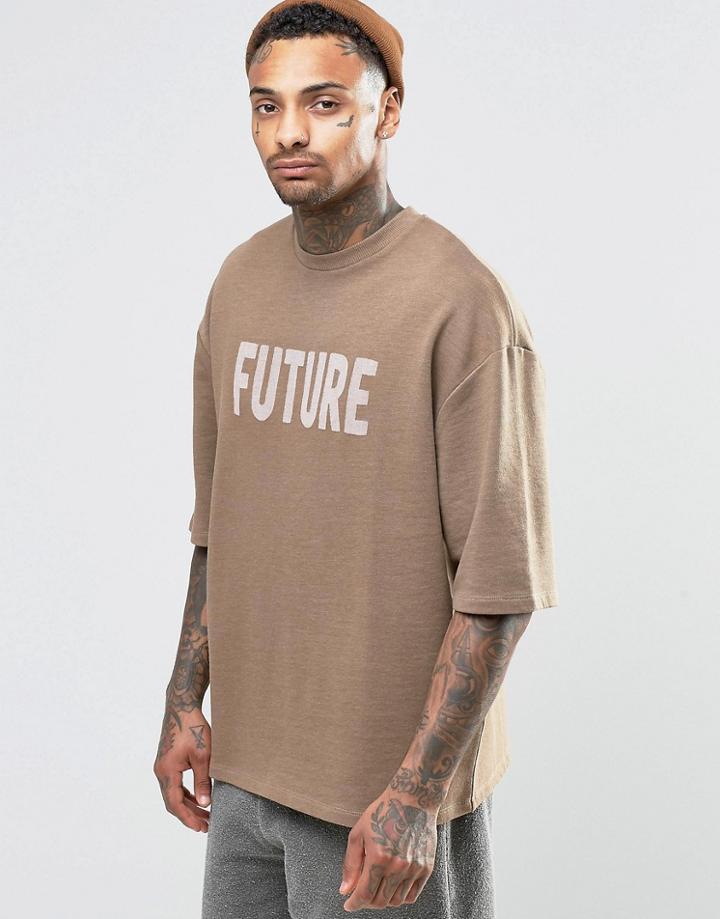 Asos Oversized Short Sleeve Sweatshirt With Burnout Print - Beige