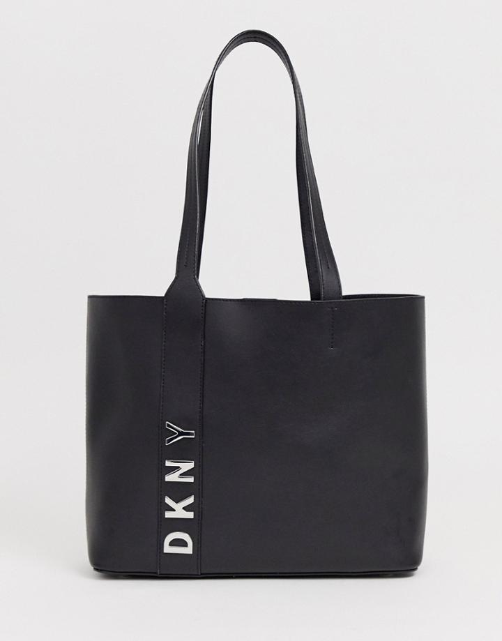 Dkny Leather Tote With Strap Logo Detail - Black
