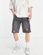 Only & Sons Loose Fit Denim Shorts In Black Wash With Rips