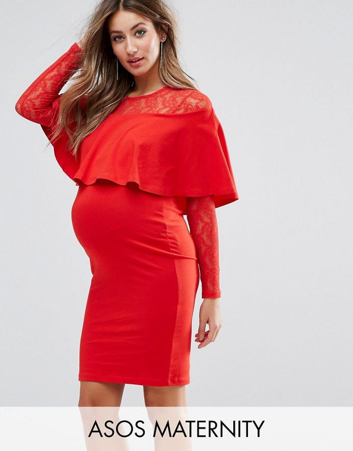 Asos Maternity Ruffle Front Lace Mix Bodycon Mini Dress - Red