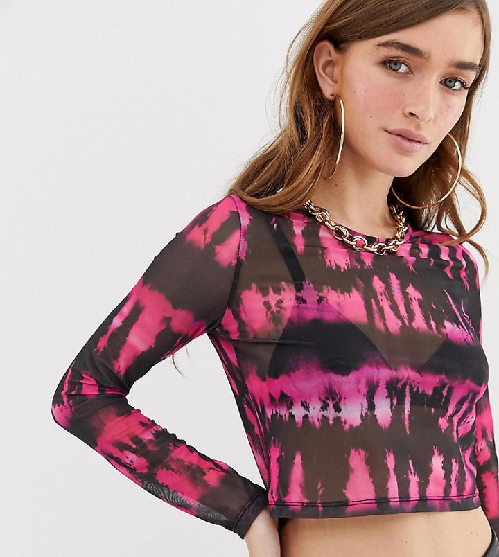 Asos Design Petite Long Sleeve Mesh Top In Neon Tie Dye-pink