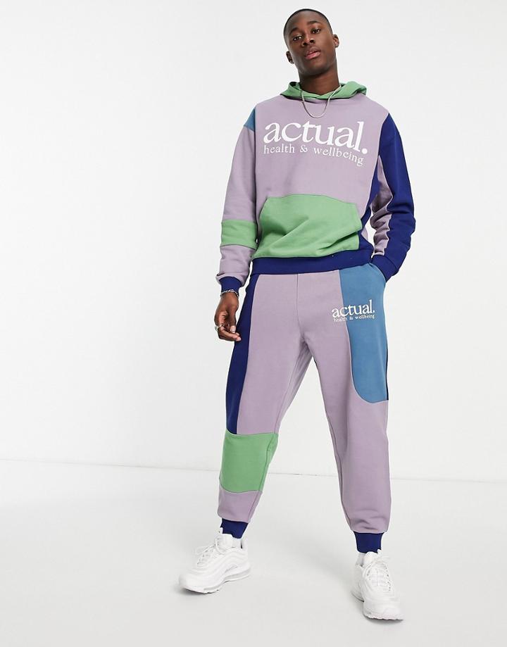 Asos Actual Relaxed Sweatpants With Color Blocking And Logo Print In Purple - Part Of A Set