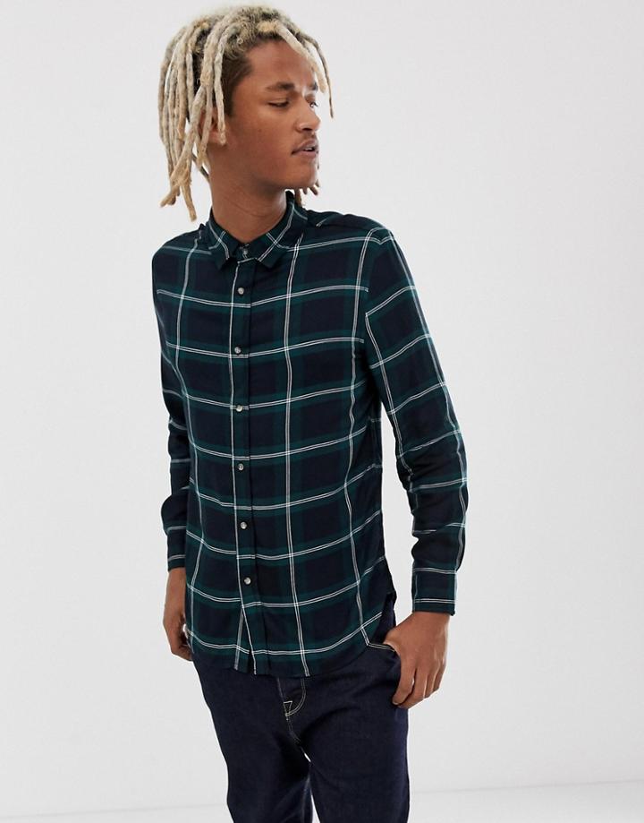 Bershka Check Shirt In Green With Button Down Collar - Green