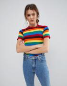 Daisy Street Short Sleeve Sweater In Rainbow Stripe - Multi