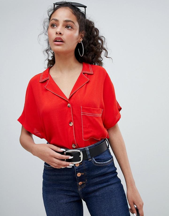 Bershka Contrast Stitch And Pocket Detail Shirt In Red - Red