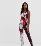 Parisian Tall Tie Waist Jumpsuit With Shadow Tropical Print-multi