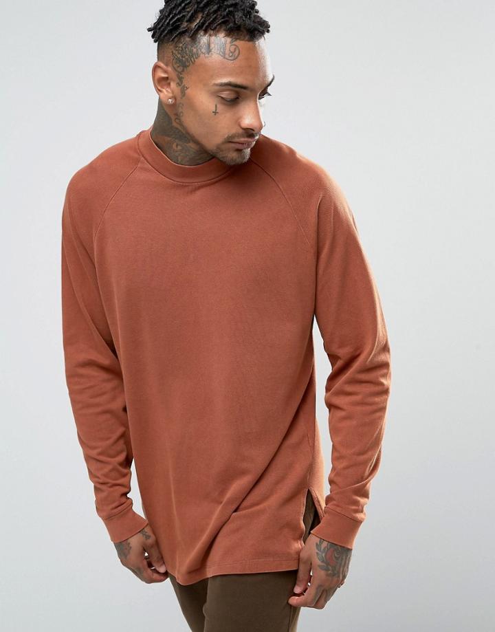 Asos Pique Oversized Long Sleeve T-shirt With Acid Wash - Red