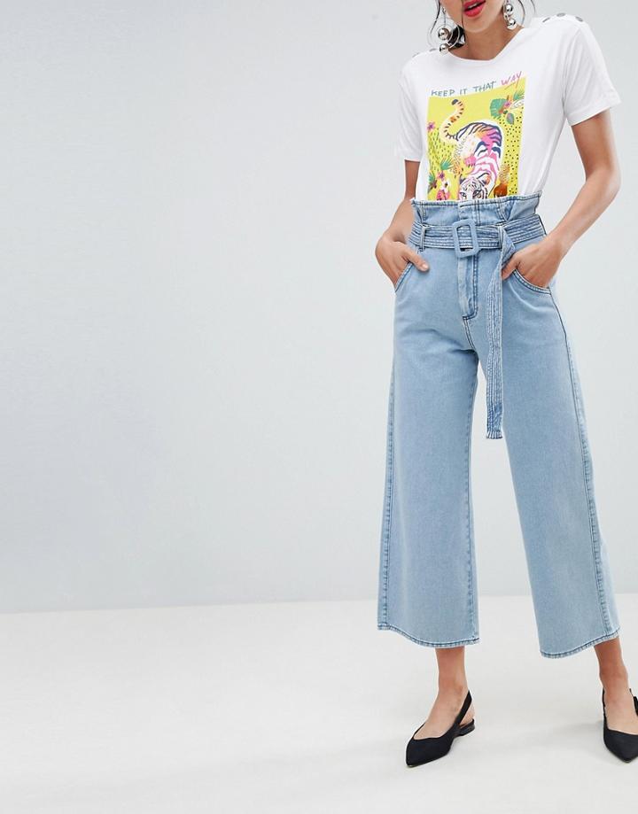 Stradivarius Paperbag Tie Waist Jeans - Blue