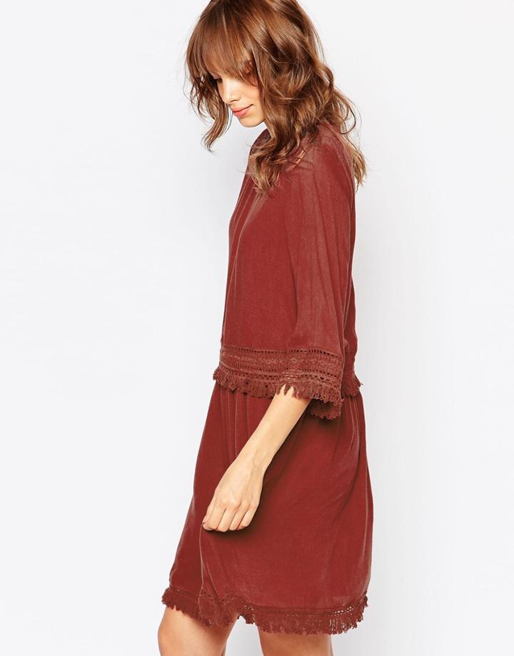Vila Double Layered Folk Dress With Crochet Trims - Rosewood