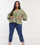 Asos Design Curve Kimono Top With Draw String Waist In Sage Green