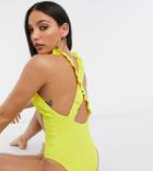 Asos Design Tall Textured Ruffle Cross-back Swimsuit In Yellow