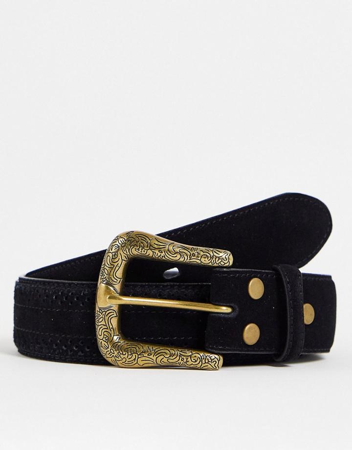 Asos Design Suede Belt With Western Buckle In Black