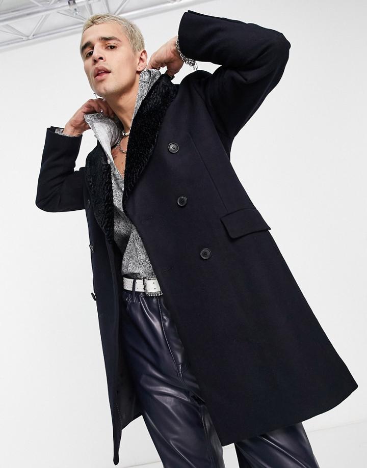 Devils Advocate Premium Wool Blend Double Breasted Removable Faux Fur Over Coat In Navy-black