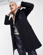 Devils Advocate Premium Wool Blend Double Breasted Removable Faux Fur Over Coat In Navy-black