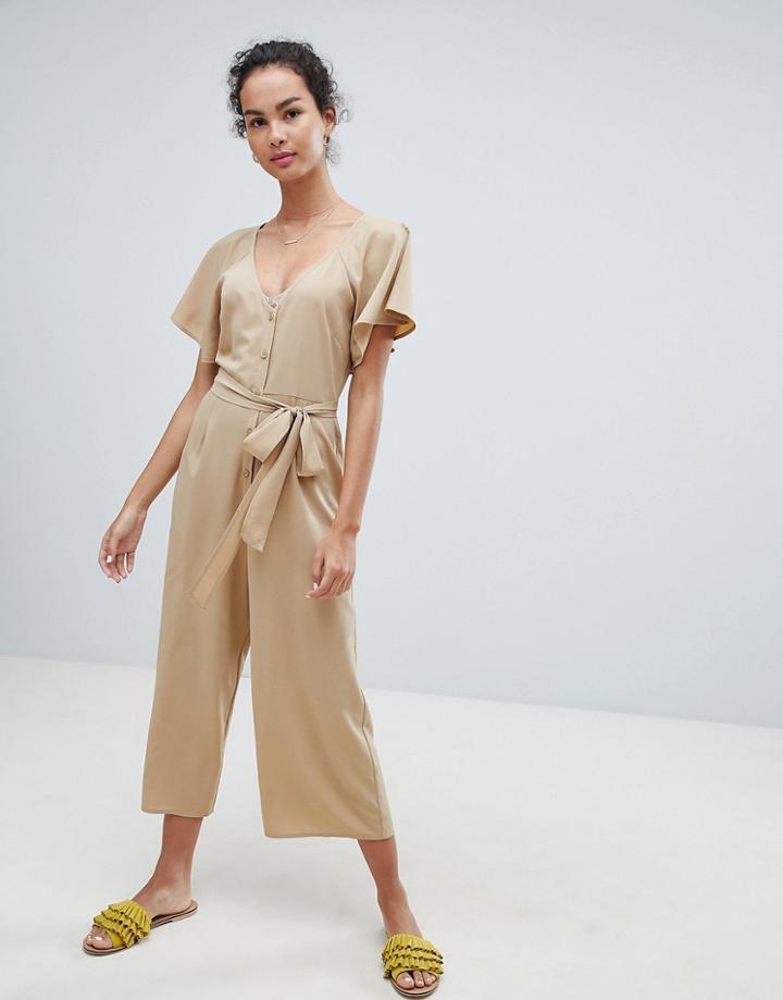 Asos Design Tea Jumpsuit With Button Front And Tie Detail - Black