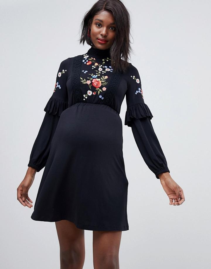 Asos Design Maternity Embroidered High Neck Smock Dress - Black