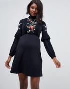 Asos Design Maternity Embroidered High Neck Smock Dress - Black